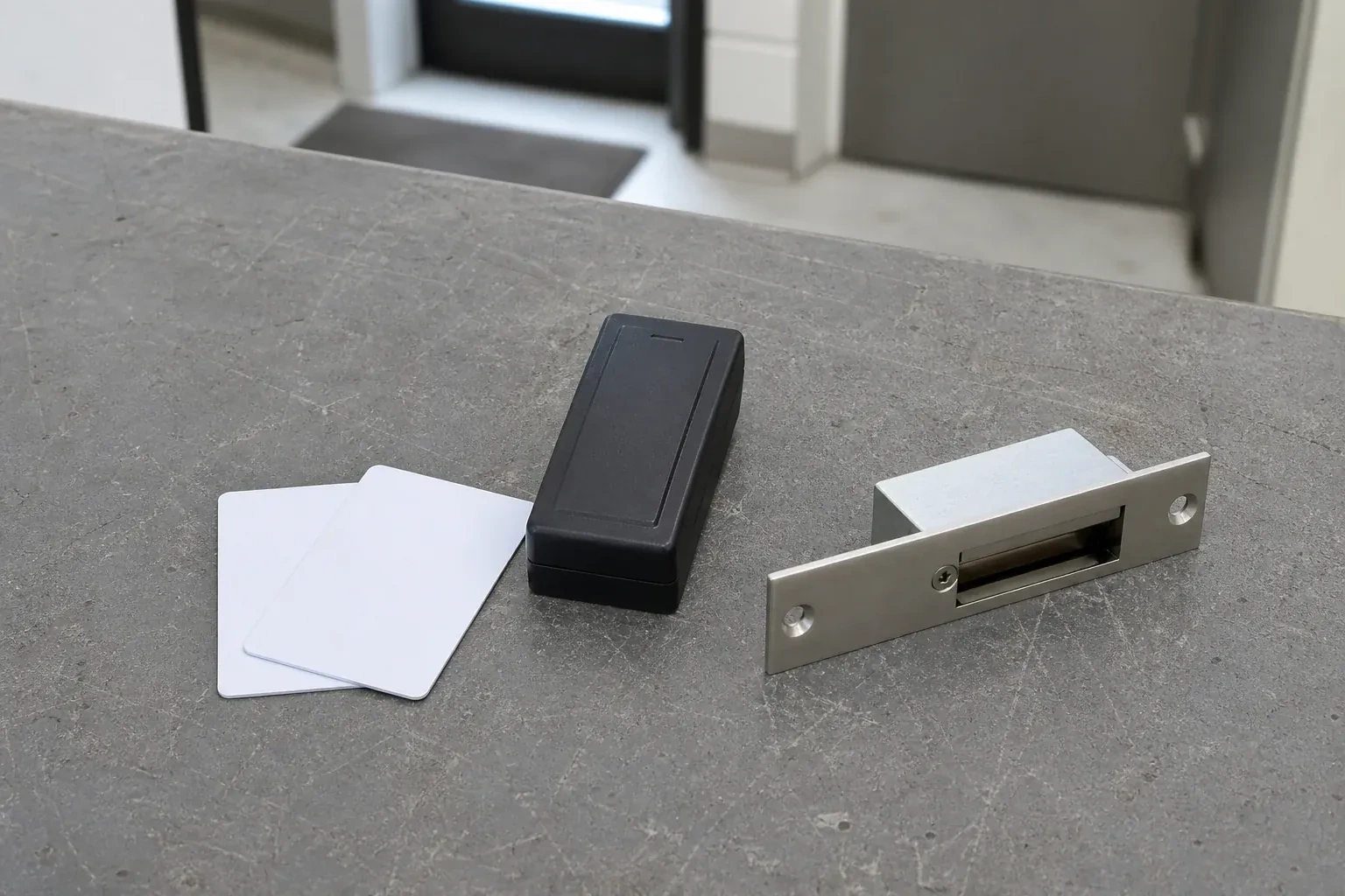 Detached card reader, two plain cards and an electric-strike component on a service bench. — Access Control Installation, Fort Erie