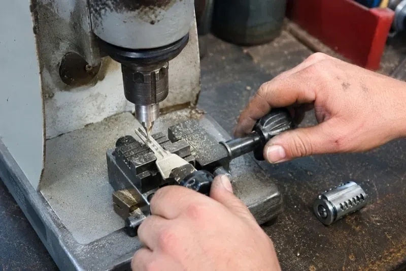 Hands operating a bench-mounted machine with a key clamped beneath a vertical cutter and a loose lock cylinder nearby. — Car Key Replacement, Fort Erie