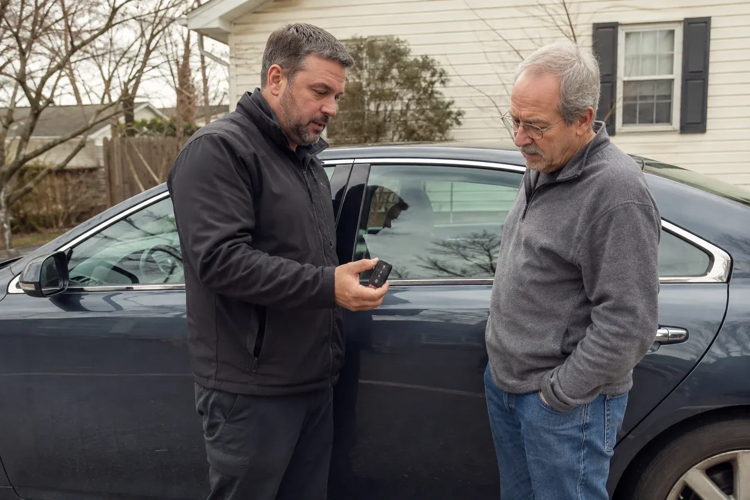 Two people beside a dark sedan, one holding up a black key fob. — Car Lockout Service, Fort Erie
