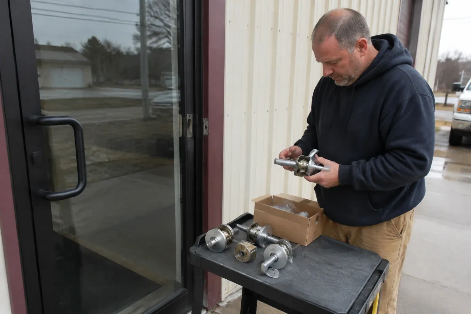 Person holding a door-handle assembly beside a glazed entrance, with more handle and lock components on a cart. — Commercial-Grade Lock Replacement, Fort Erie