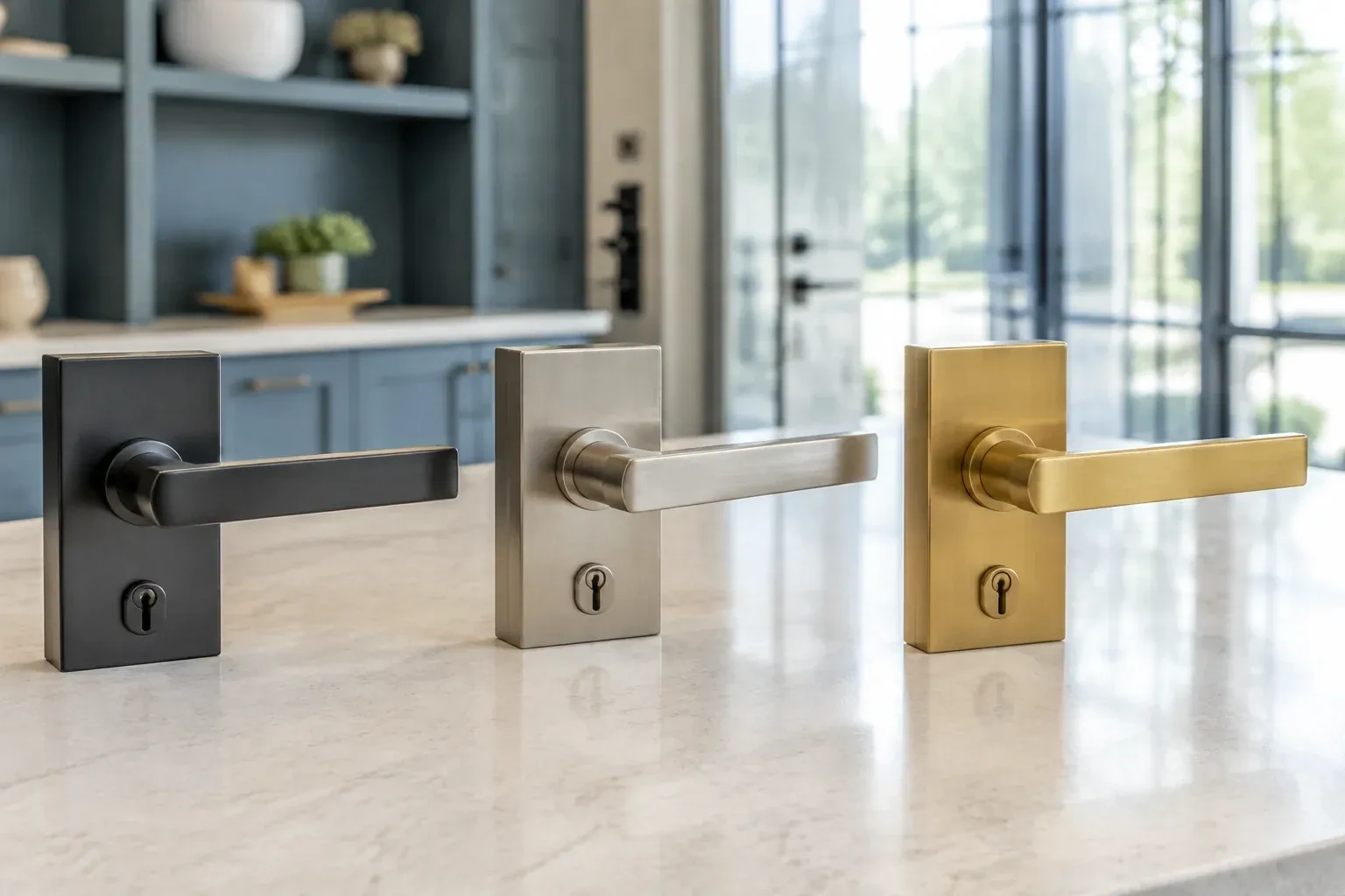 Three rectangular door-handle sets with keyholes in black, silver-colored and gold-colored finishes standing on a countertop. — Commercial Rekeying, Fort Erie