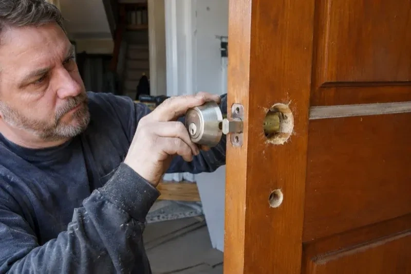 Person holding a silver-colored lock beside an open wooden door with exposed circular holes and a latch at its edge. — Deadbolt Installation, Fort Erie