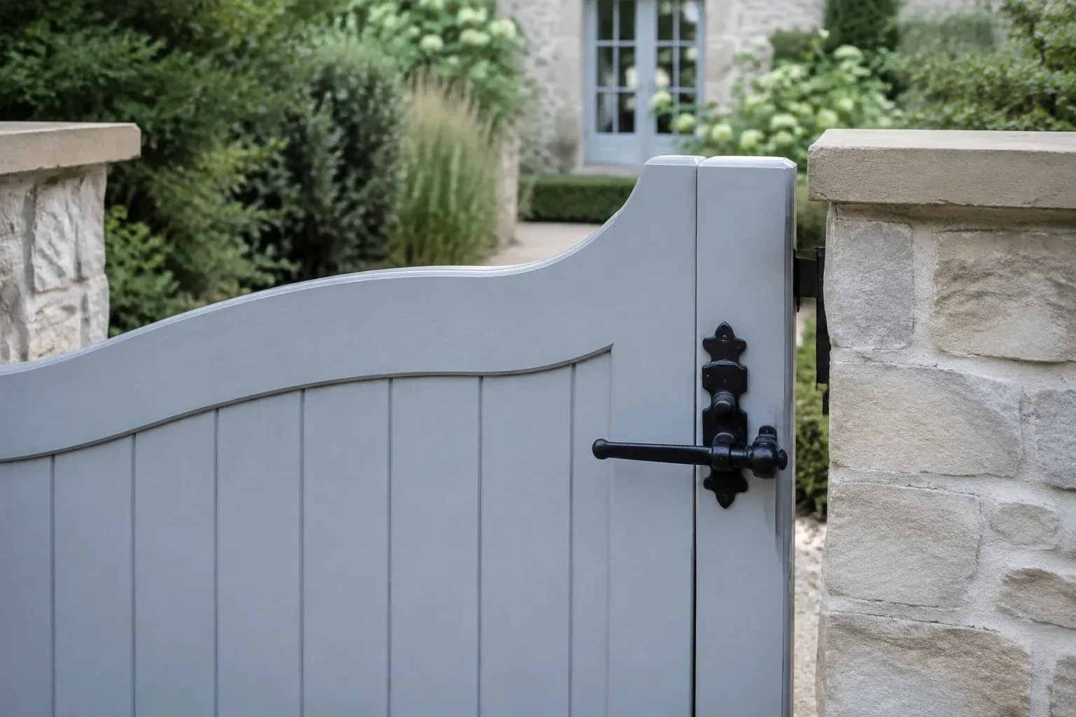 Pale blue garden gate with a black lever latch between light stone pillars. — Gate & Building Entry Locks, Fort Erie