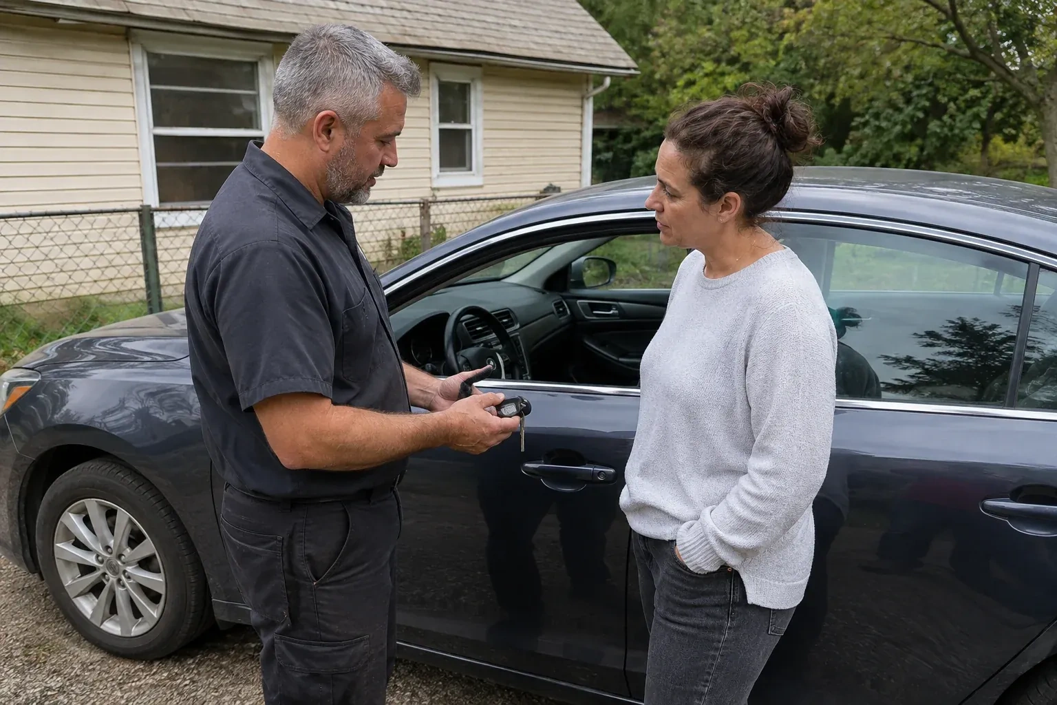 Two people standing beside a car with its window lowered, one holding a key and black key fob. — Ignition Lock Repair, Fort Erie