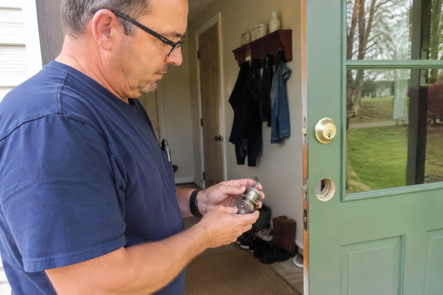 Person holding a cylindrical door-lock assembly beside an open green glazed door with its lower lock opening exposed. — Seized & Jammed Lock Opening, Fort Erie
