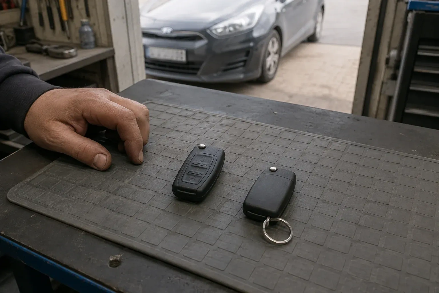 Two vehicle remote fobs on a work mat beside a technician’s hand, with a parked car beyond. — Key Fob Programming, Fort Erie
