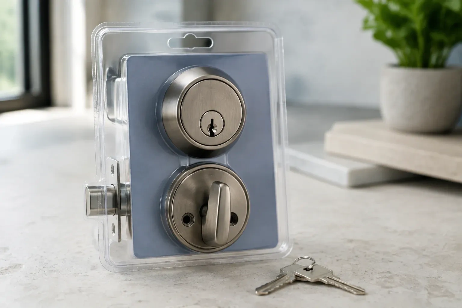 A silver-colored deadbolt set in clear packaging with two keys resting on the countertop in front. — Lock Rekeying, Fort Erie