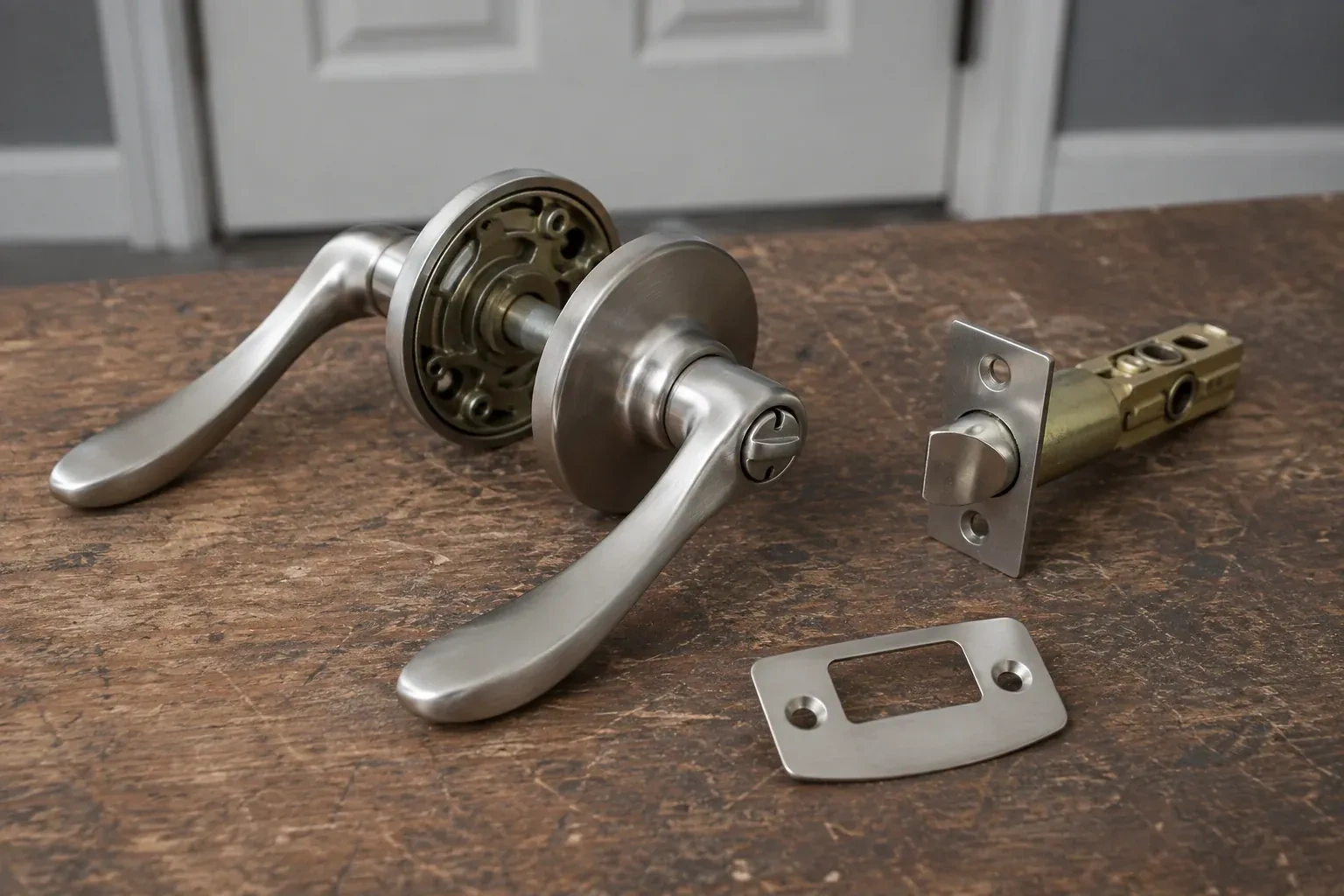 Detached satin-nickel lever hardware, tubular latch and strike plate on a wooden workbench. — Lock Replacement & Upgrade, Fort Erie