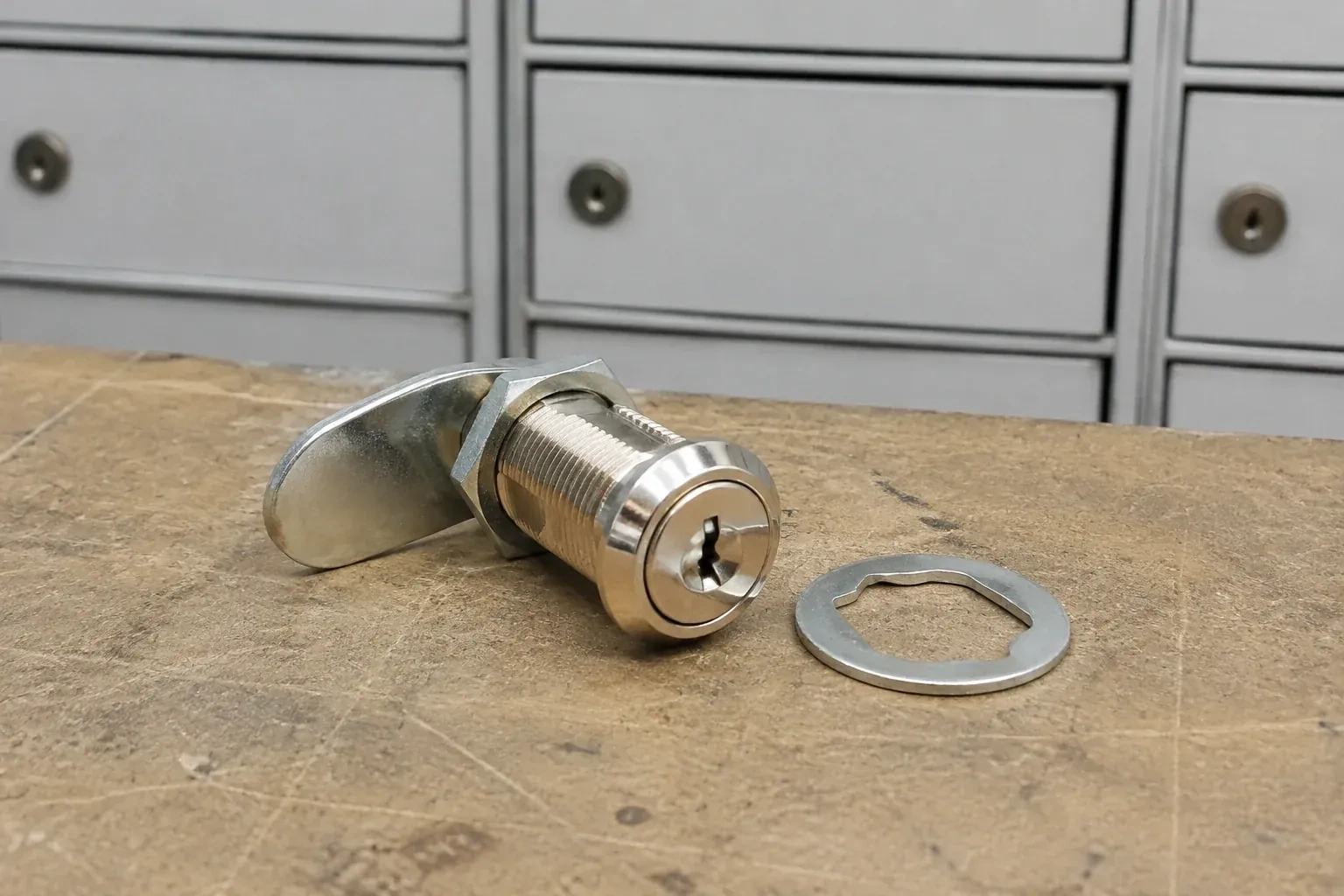 Detached threaded cam lock and mounting washer on a workbench in front of closed mail compartments. — Mailbox Lock Replacement, Fort Erie