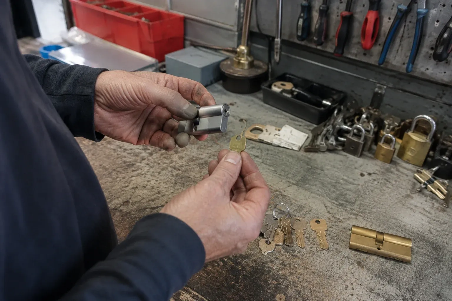 Hands holding a silver-colored lock cylinder and a brass-colored key above a workbench with padlocks, keys and tools. — Master Key System Design, Fort Erie