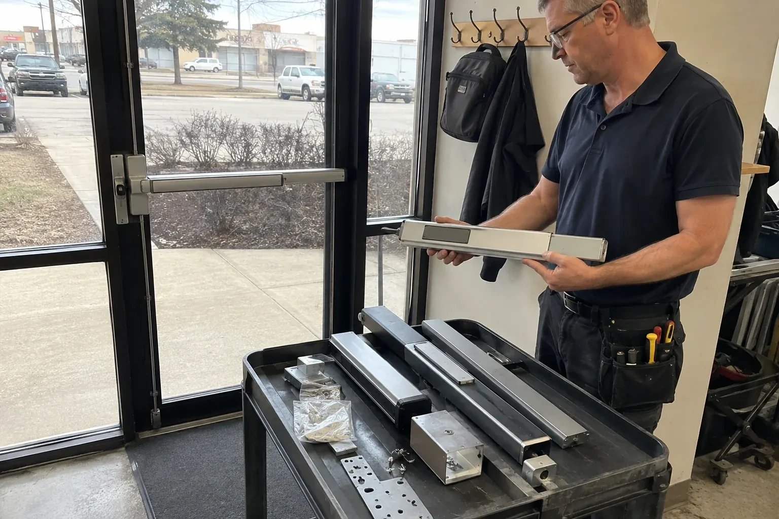 Person holding a long metal door-hardware assembly beside a cart of similar parts and a glass door fitted with a push bar. — Panic & Exit Hardware, Fort Erie