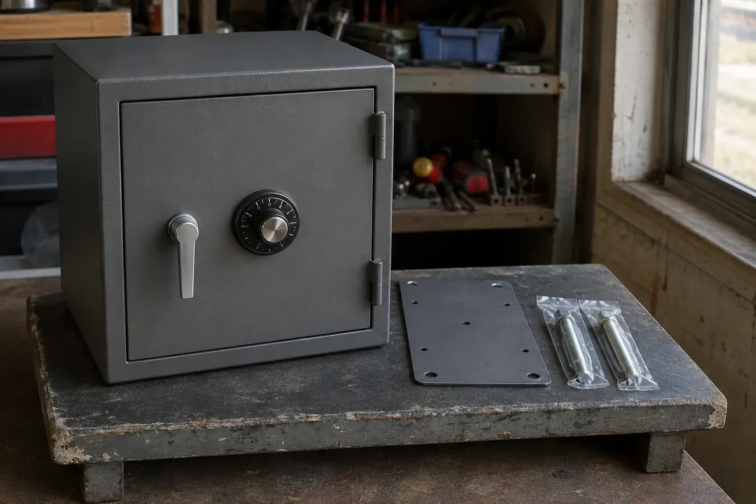 Closed small safe beside a metal plate and packaged fasteners on a workshop bench. — Safe Installation & Servicing, Fort Erie