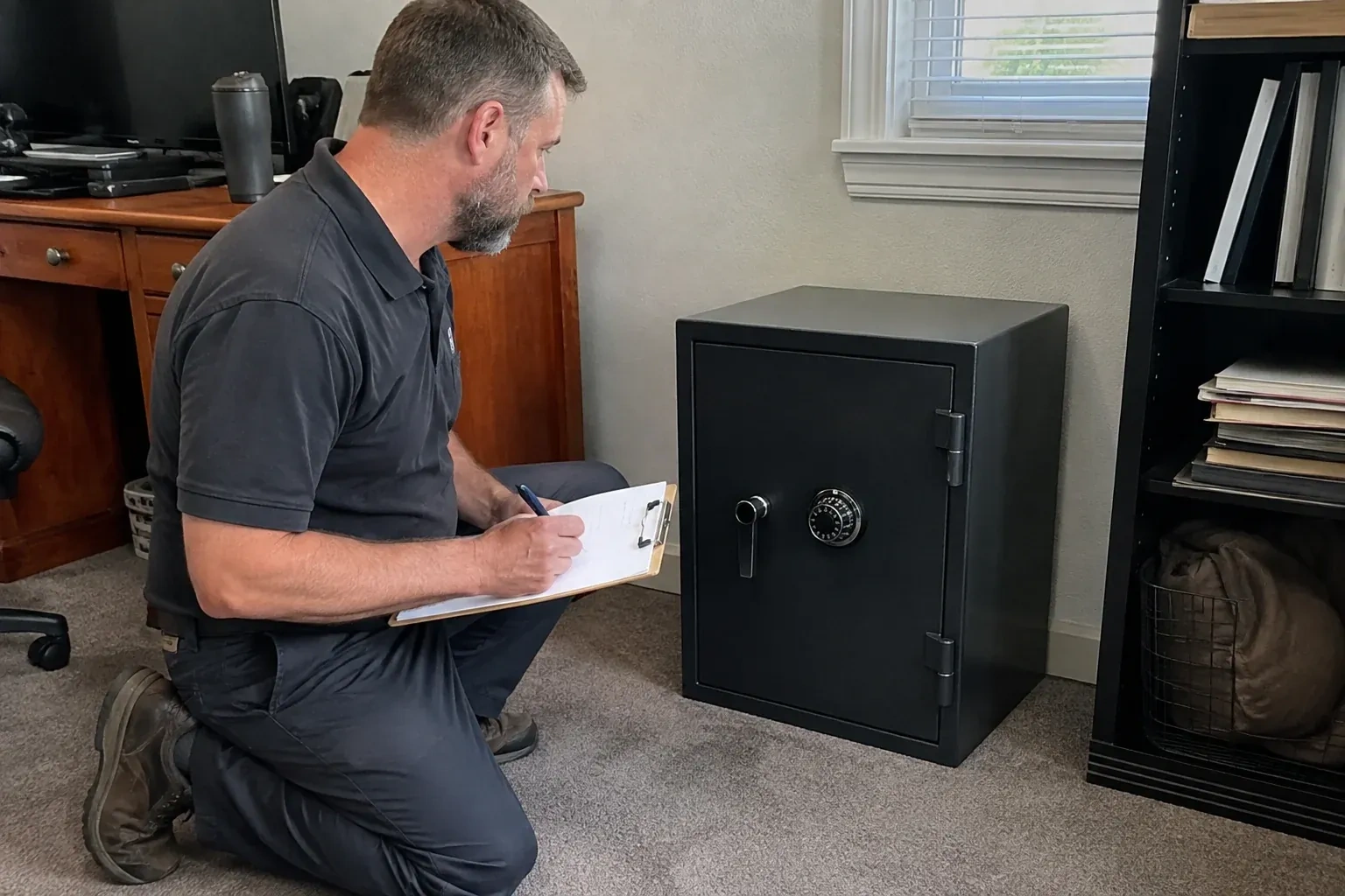 Person writing on a clipboard while kneeling beside a closed black safe with a numbered combination dial in a home office. — Safe Opening & Combination Change, Fort Erie