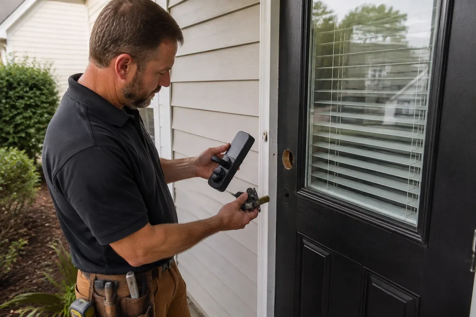 Person holding a black door-handle assembly and a latch beside a glazed door with exposed lock openings. — Smart Lock Installation, Fort Erie