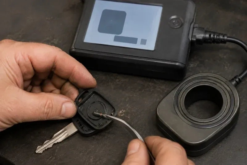 Hands using tweezers at an opened car-key head beside a small electronic unit and a ring-shaped accessory. — Transponder Key Programming, Fort Erie